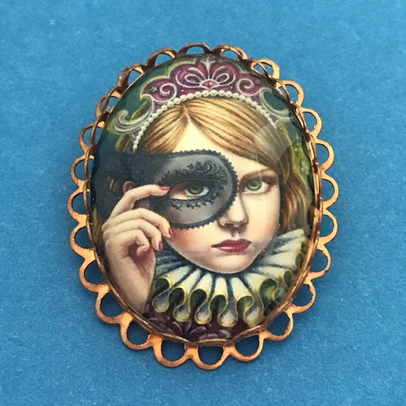Girl in Black Mask Portrait Style Brooch - Picture 1 of 4